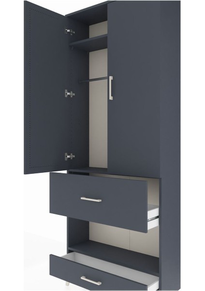 Arges Dolap 3 Raflı 2 Çekmeceli Tek Askılı 88X30X221 Antrasit-Antrasit indirimleri