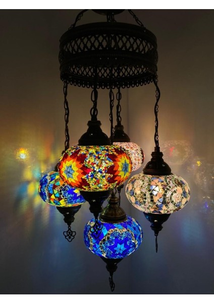 5'li Renkli Cam Mozaik Tavan Sarkıt Avize, Dekoratif ve Şık Aydınlatma Seti