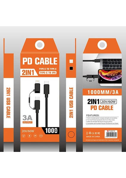 Ally 2in1 USB Type C 60W Hızlı Şarj Pd Kablosu+Iphone Başlık USB KABLO-(1903) indirimleri