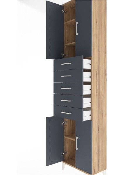 Arges Dolap 4 Raflı 5 Çekmeceli 4 Kapaklı 60X30X243 Çam-Antrasit indirimleri