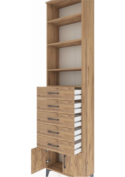 Arges Dolap 4 Raflı 5 Çekmeceli 2 Kapaklı 60X30X243 Çam-Çam indirimleri