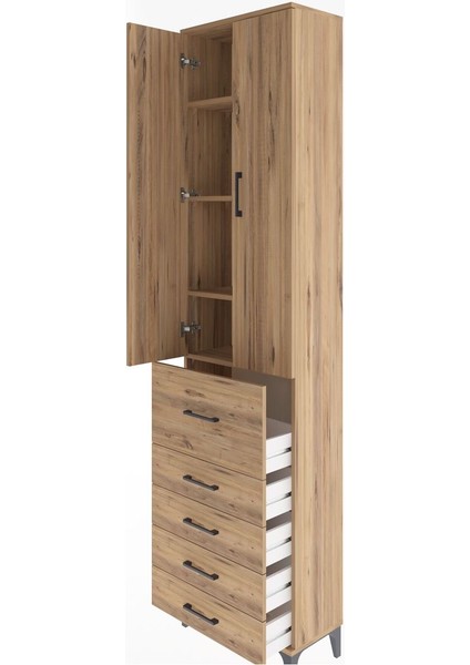 Arges Dolap 4 Raflı 5 Çekmeceli 2 Kapaklı 60X30X243 Çam-Çam fırsatları