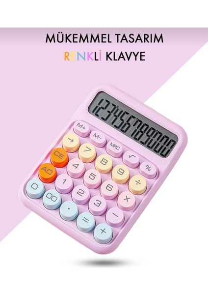 Renkli Hesap Makinesi 12 Haneli Yuvarlak Tuşlu Pembe Renk Hesap Makinesi