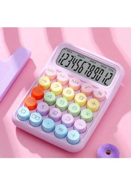 Renkli Hesap Makinesi 12 Haneli Yuvarlak Tuşlu Pembe Renk Hesap Makinesi