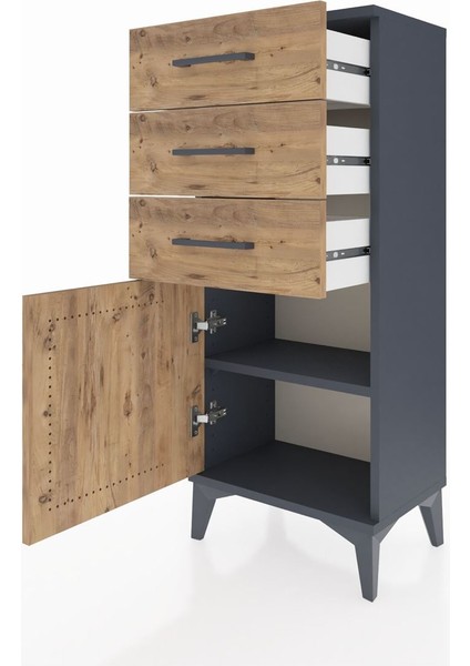 Arges Komodin Tek Raflı 3 Çekmeceli Tek Kapaklı 44X30X106 Antrasit-Çam fırsatları