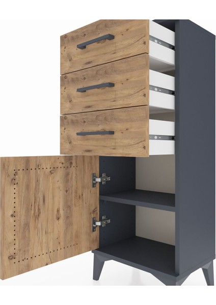 Arges Komodin Tek Raflı 3 Çekmeceli Tek Kapaklı 44X30X106 Antrasit-Çam indirimleri