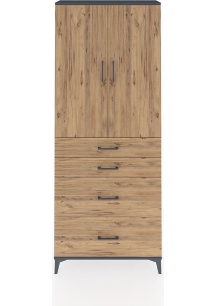 Arges Dolap 3 Raflı 4 Çekmeceli 2 Kapaklı 88X30X221 Antrasit-Çam