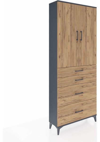 Arges Dolap 3 Raflı 4 Çekmeceli 2 Kapaklı 88X30X221 Antrasit-Çam fiyatları