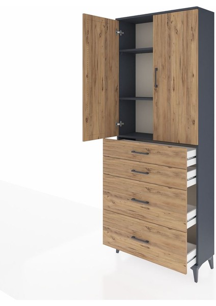 Arges Dolap 3 Raflı 4 Çekmeceli 2 Kapaklı 88X30X221 Antrasit-Çam fırsatları