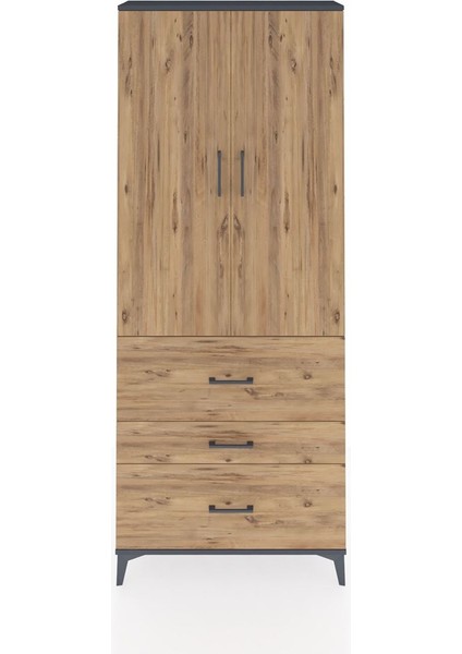 Arges Dolap 3 Raflı 3 Çekmeceli 2 Kapaklı 88X30X221 Antrasit-Çam