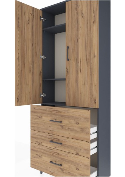 Arges Dolap 3 Raflı 3 Çekmeceli 2 Kapaklı 88X30X221 Antrasit-Çam indirimleri