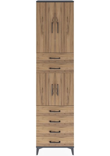 Arges Dolap 4 Raflı 6 Çekmeceli 4 Kapaklı 60X30X243 Antrasit-Çam