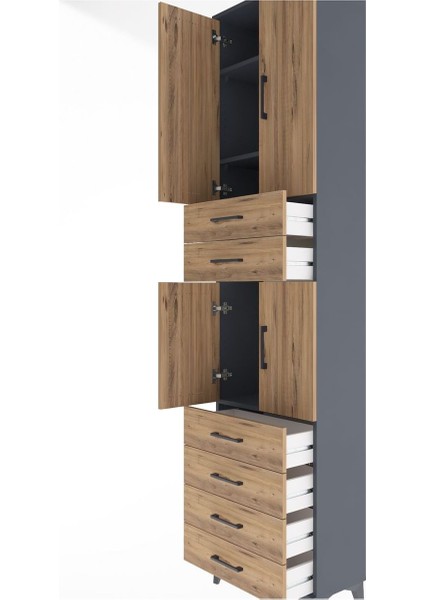 Arges Dolap 4 Raflı 6 Çekmeceli 4 Kapaklı 60X30X243 Antrasit-Çam indirimleri