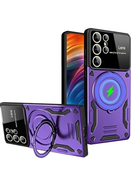 Samsung Galaxy S24 Ultra Kılıf Joy Lens Standlı Kapak - Mor - MKR023644-3514