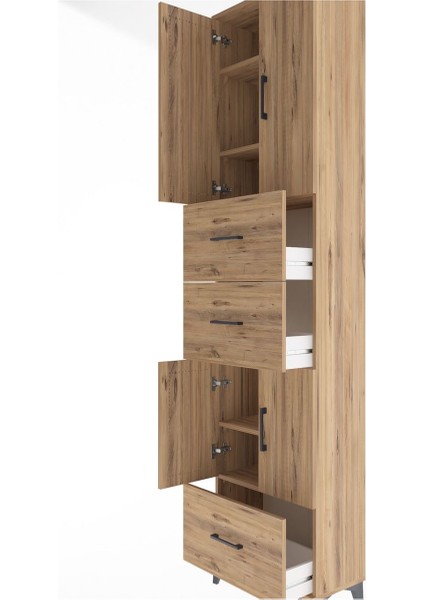 Arges Dolap 5 Raflı 3 Çekmeceli 4 Kapaklı 60X30X243 Çam-Çam indirimleri