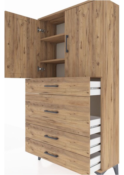 Arges Dolap 3 Raflı 4 Çekmeceli 2 Kapaklı 88X30X163 Çam-Çam indirimleri