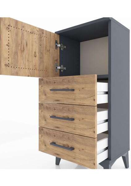 Arges Komodin Tek Raflı 3 Çekmeceli Tek Kapaklı 44X30X96 Antrasit-Çam indirimleri