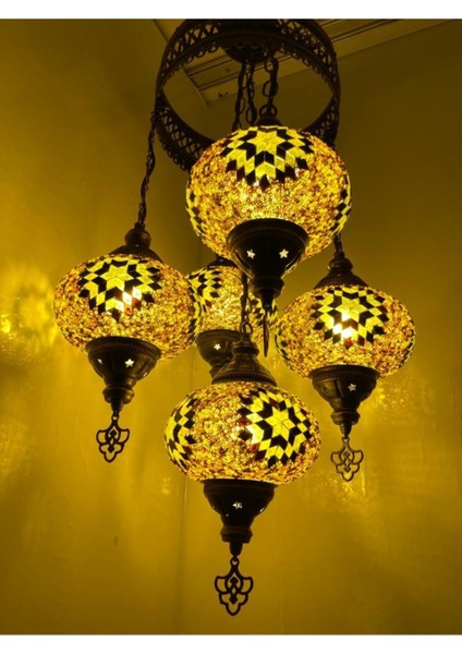 5'li Otantik Cam Mozaik Tavan Sarkıt Işık Takımı, Dekoratif ve Şık Sarı Renkli