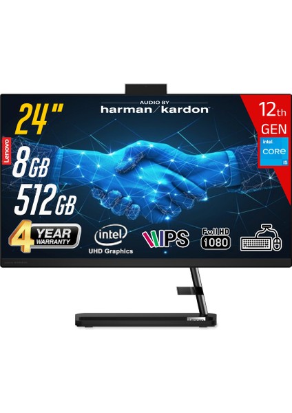 Ideacentre Aıo3 24IAP7 Intel Core I5-12450H 8gb 512GB SSD Intel UHD Graphics 23.8 Fhd IPS Freedos Klavye+Mouse Siyah All In One Bilgisayar