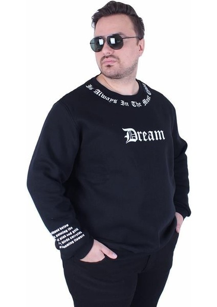 Büyük Beden Bisiklet Yaka 3ip Sweat Dream 25715 Sıyah