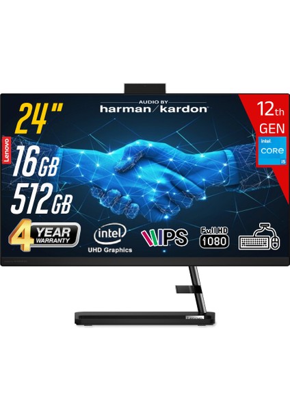 Ideacentre Aıo3 24IAP7 Intel Core I5-12450H 16GB 512GB SSD Intel UHD Graphics 23.8 Fhd IPS Freedos Klavye+Mouse Siyah All In One Bilgisayar