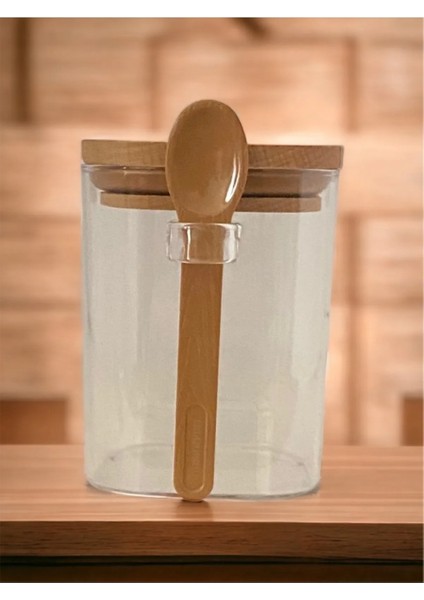 Kare Bambu Kapaklı Kaşıklı kristal plastik Baharat Saklama Kabı 500ml ( 1 adet ) -HS501