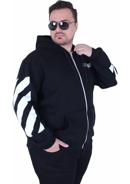 Büyük Beden Kapüşonlu Fermuarlı 3ip Sweat Mg 25718 Sıyah