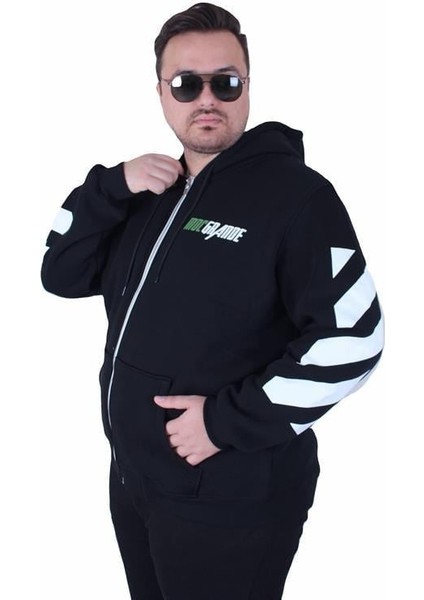 Büyük Beden Kapüşonlu Fermuarlı 3ip Sweat Mg 25718 Sıyah modelleri