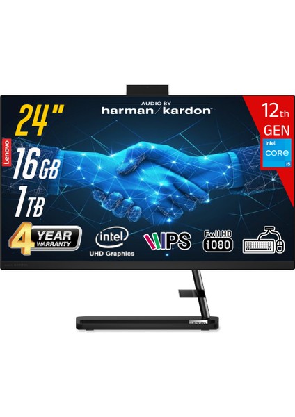 Ideacentre Aıo3 24IAP7 Intel Core I5-12450H 16GB 1tb SSD Intel UHD Graphics 23.8 Fhd IPS Freedos Klavye+Mouse Siyah All In One Bilgisayar