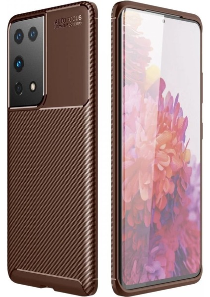 Samsung Galaxy S21 Ultra Kılıf Auto Focus Karbon Kapak - Kahverengi - MKR023116-1066