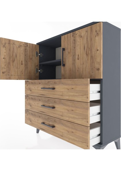 Arges Şifonyer 2 Raflı 3 Çekmeceli 2 Kapaklı 88X30X106 Antrasit-Çam indirimleri