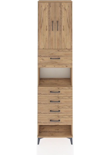Arges Dolap 3 Raflı 5 Çekmeceli 2 Kapaklı 60X30X243 Çam-Çam