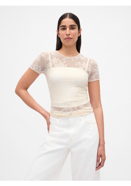 Kadın Krem Çiçek Desenli Dantel T-Shirt