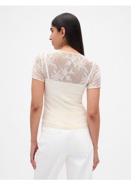 Kadın Krem Çiçek Desenli Dantel T-Shirt fırsatları