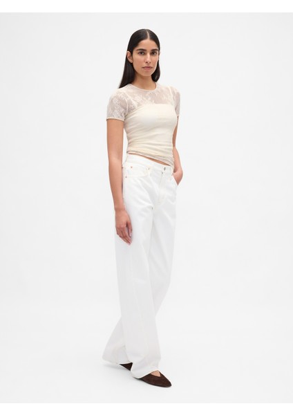 Kadın Krem Çiçek Desenli Dantel T-Shirt indirimleri