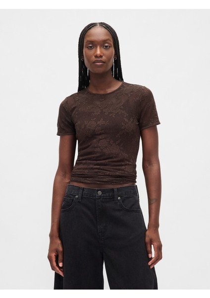 Kadın Kahverengi Çiçek Desenli Dantel T-Shirt