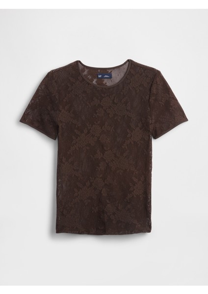 Kadın Kahverengi Çiçek Desenli Dantel T-Shirt fiyatları