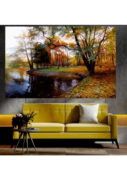 Göl ve Sonbahar Manzaralı Sanatsal Dekoratif Duvar Tablosu (50X70 Cm)