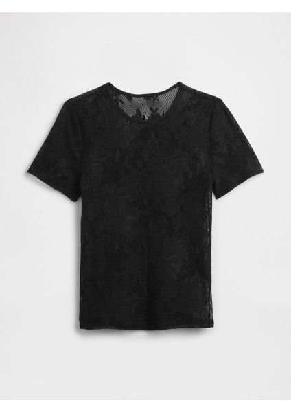 Kadın Siyah Çiçek Desenli Dantel T-Shirt fiyatları