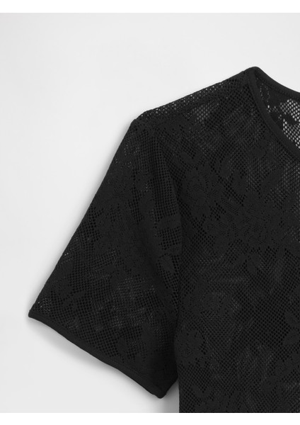 Kadın Siyah Çiçek Desenli Dantel T-Shirt modelleri