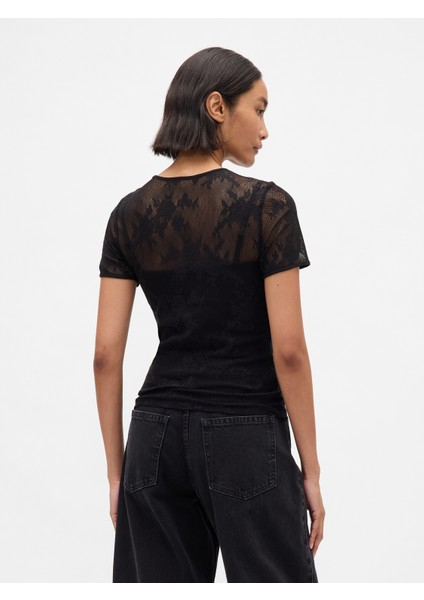 Kadın Siyah Çiçek Desenli Dantel T-Shirt fırsatları
