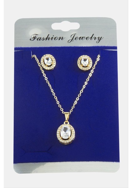 Oval Zirkon Taşlı Set Kolye