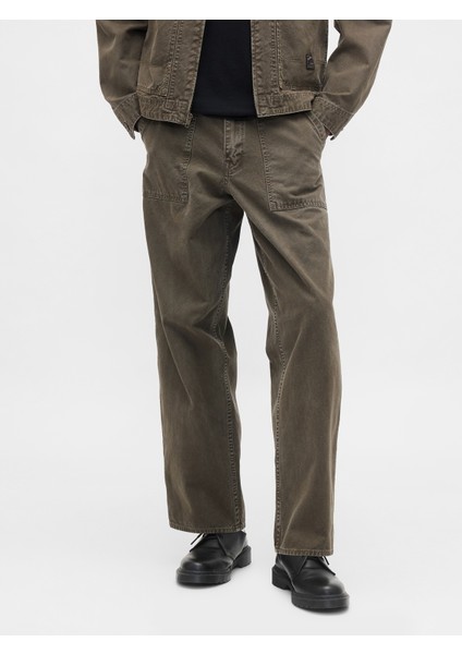 Erkek Haki Canvas Baggy Carpenter Jean Pantolon