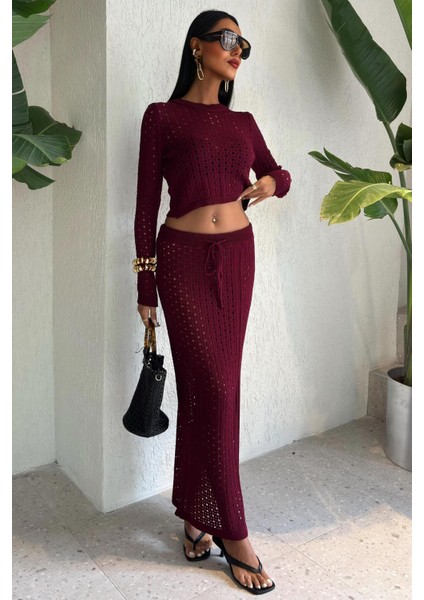 Macey Kroşe Crop Takım -Bordo