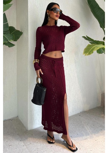 Macey Kroşe Crop Takım -Bordo fiyatları