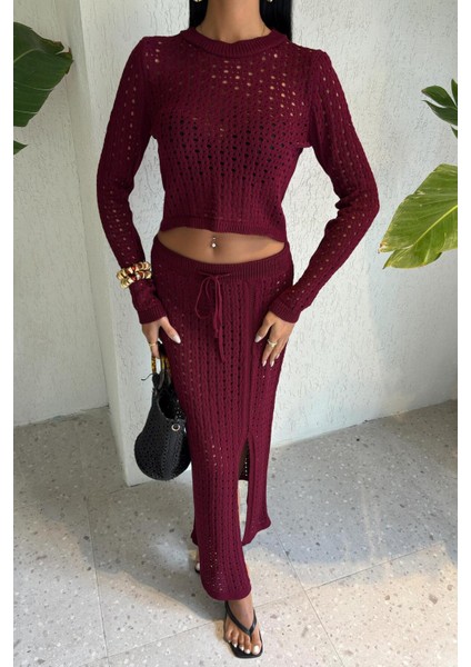 Macey Kroşe Crop Takım -Bordo modelleri