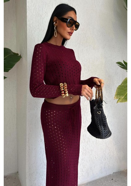 Macey Kroşe Crop Takım -Bordo indirimleri