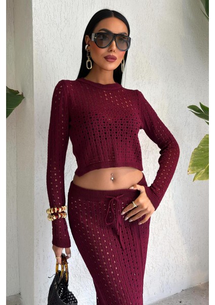 Macey Kroşe Crop Takım -Bordo