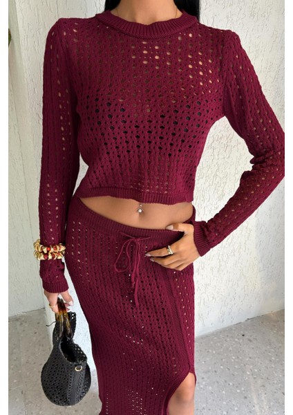 Macey Kroşe Crop Takım -Bordo
