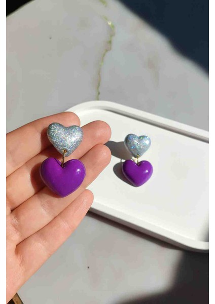 Deep Love Gri Simli Mor Kalp Sallantılı Özel Tasarım Küpe modelleri